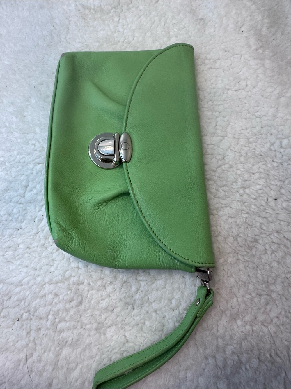 Danier Green Leather Wristlet Clutch with Silver Turn-Lock